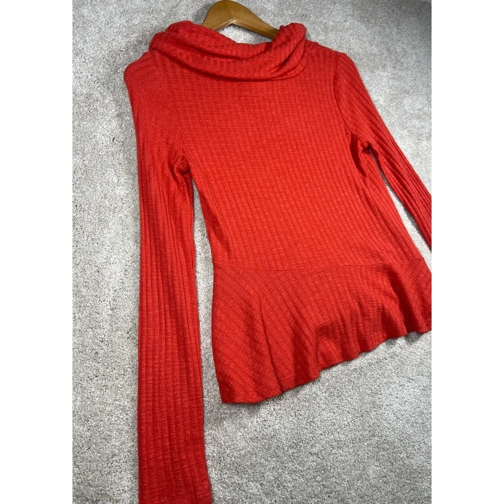 Anthropologie Mauve XS Orange Ribbed‎ Sweater Cowl Neck Peplum Top Knit Retro